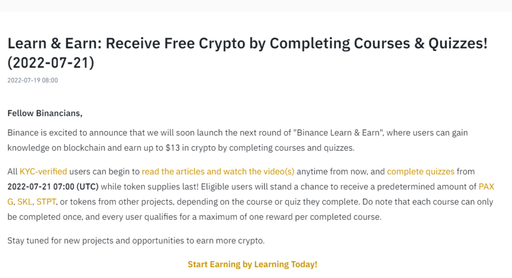 Earn Crypto with Binance Learn and Earn