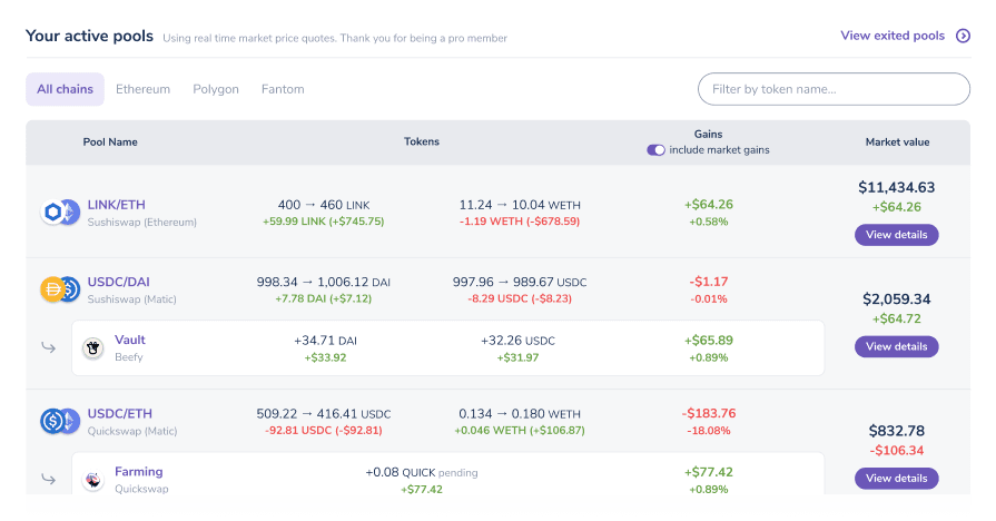 APY.vision DeFi dashboard, active pool screen