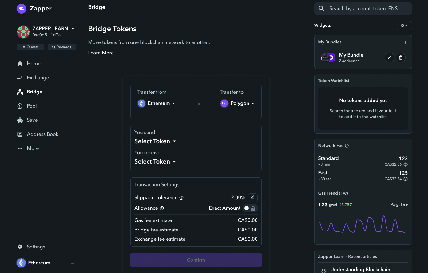 Zapper.fi bridge page